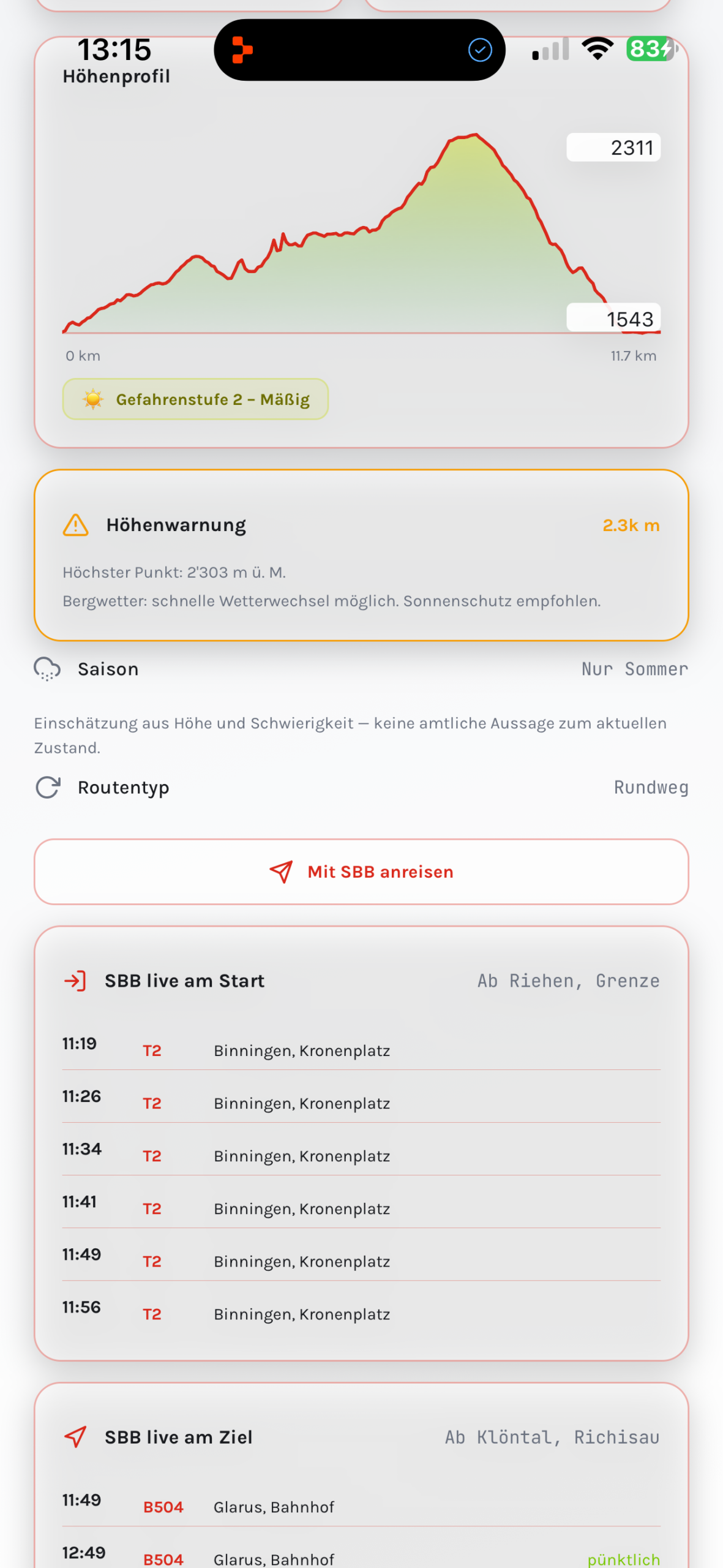 SagaTrail Screenshot: Live-Metriken und Höhenprofil